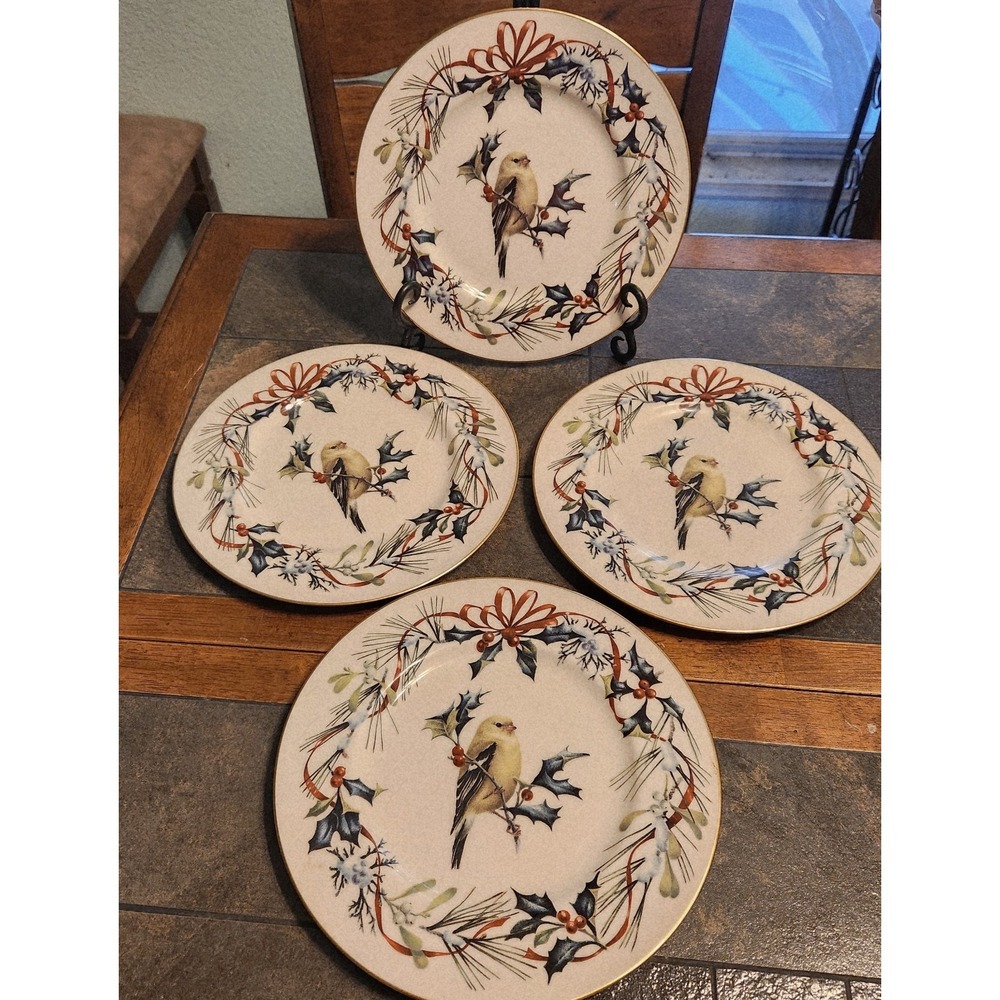 (4) Lenox Winter Greetings Goldfinch 9-3/8" Plate  Catherine‎ McClung Xmas USA